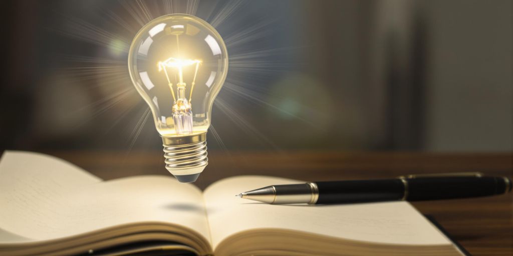 Lightbulb illuminating a notebook with a pen.