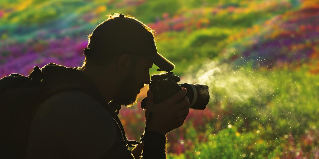 Photographer capturing vibrant landscape with advanced camera.