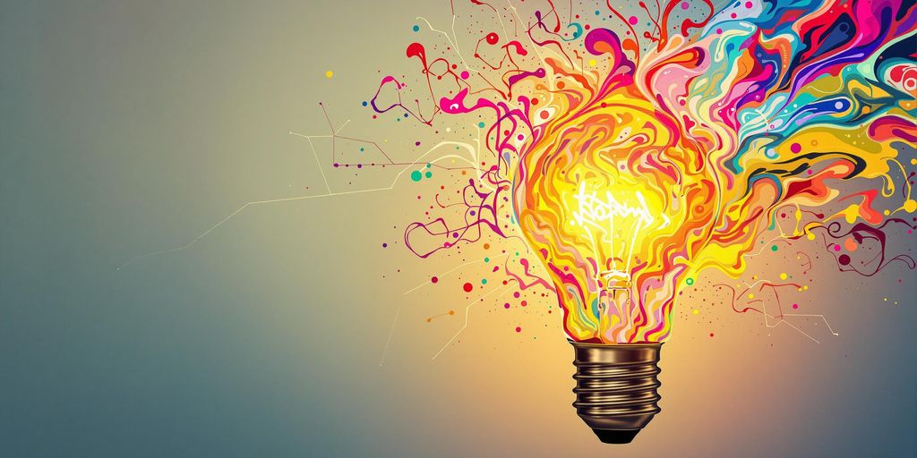 Lightbulb ignites with colorful abstract energy.
